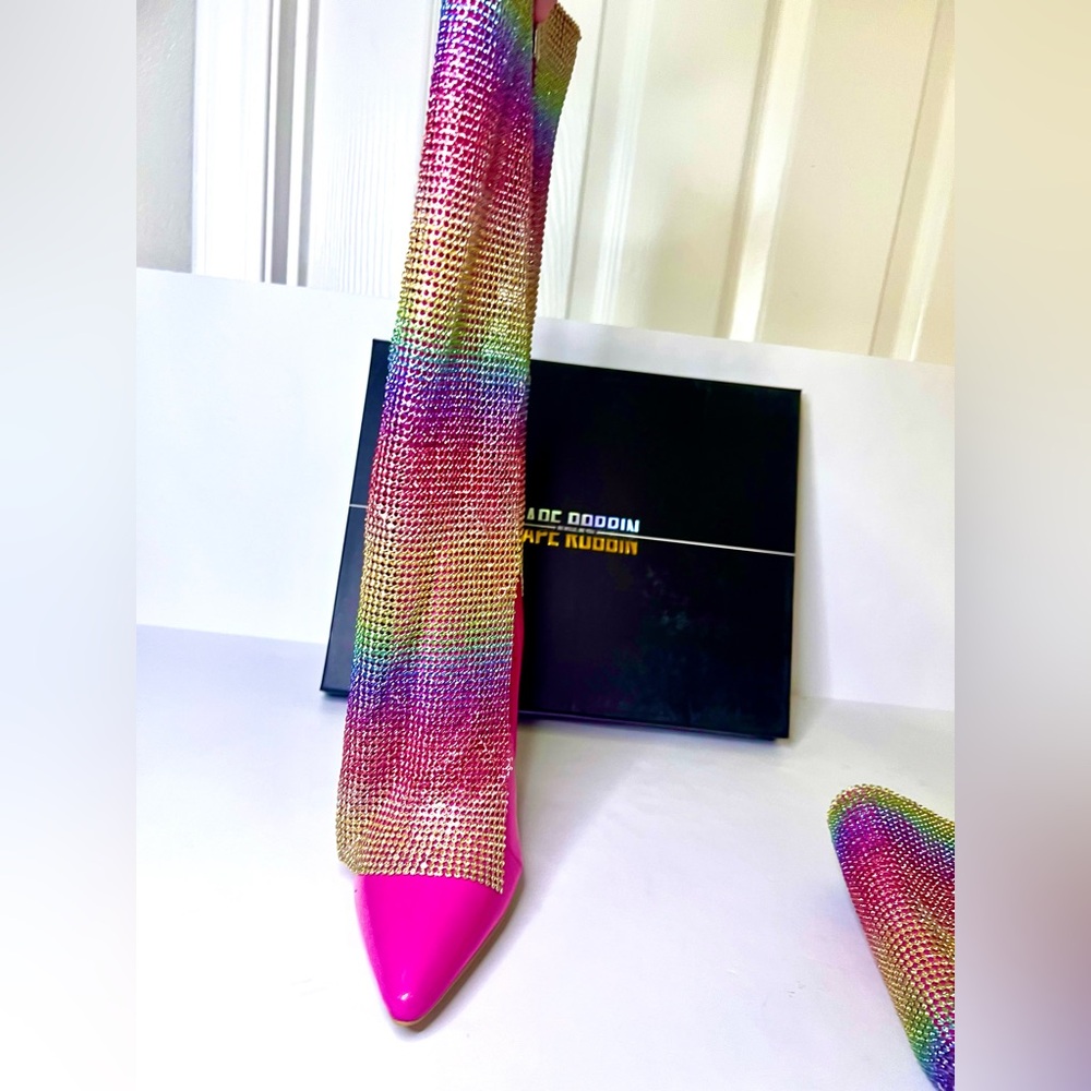 Rainbow Rhinestone Stiletto Boots. Hot Pink w/ Colorful Rhinestone Curtain -EDC - Picture 13 of 16
